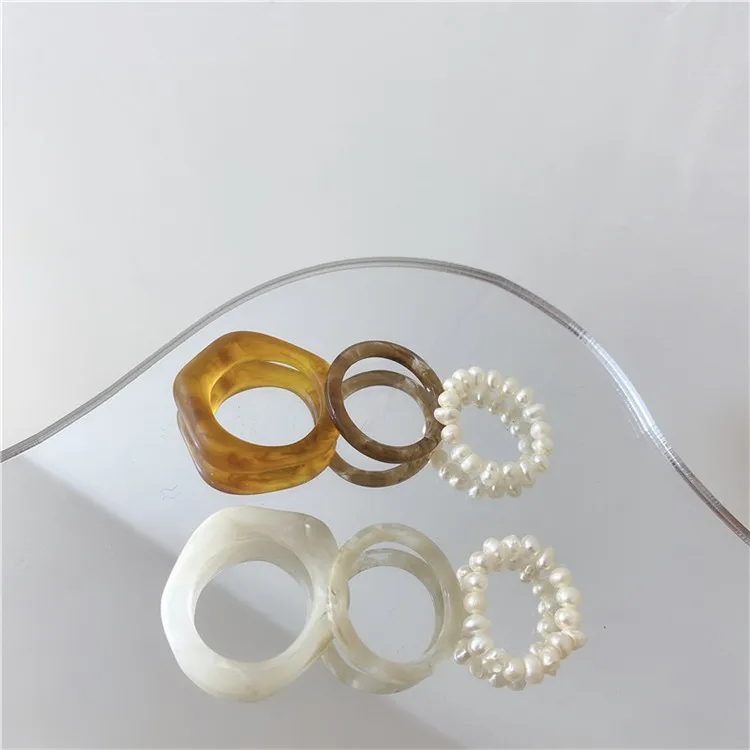 

Imitation Pearl 3-Piece Set Of Pearl Resin Natural Pearl Simple Ring Combination Handmade Set Ring Finger Ring, Picture shows