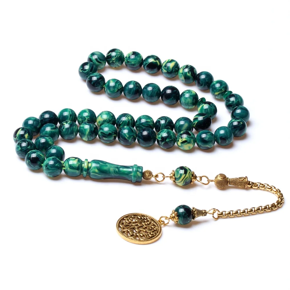

High quality Round 10mm 45 beads green resin amber islamic prayer misbaha tesbih gold tasbih muslim rosary bead subha