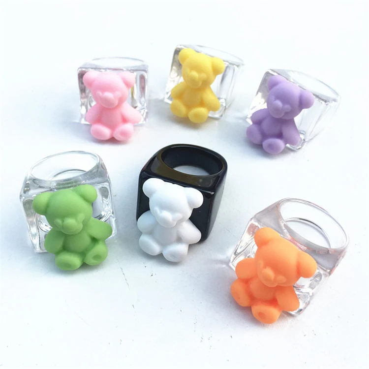 

Cute Funny Cartoon Colorful Animal Resin Rings Clear Transparent Wide Chunky Finger Ring Lovely Gummy Bear Acrylic Ring, Picture shows