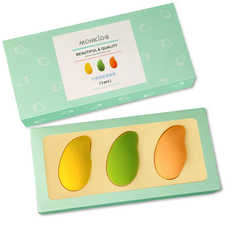 

Mango Makeup Sponge Set 3pcs Reusable Sponge Makeup Egg Make up Puff Wet Dry Dual-use Foundation Facial Sponges, As pictures