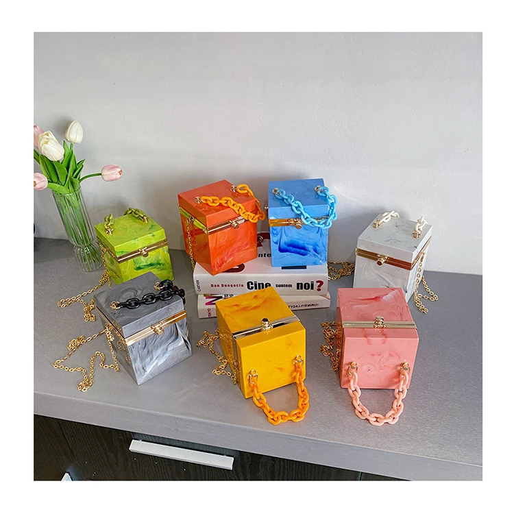 

Trendy Ink Pattern Acrylic Box Bags Designer Candy Color Tote Bag Chain Messenger Bags Small PVC Purses and Handbags For Women