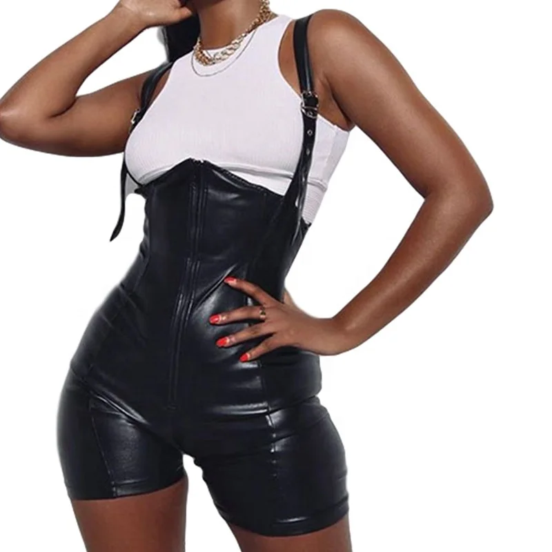 

LW hot sales tights pu leather shorts pants slim fitted sexy one piece romper jumpsuit casual jeans playsuit overalls for women