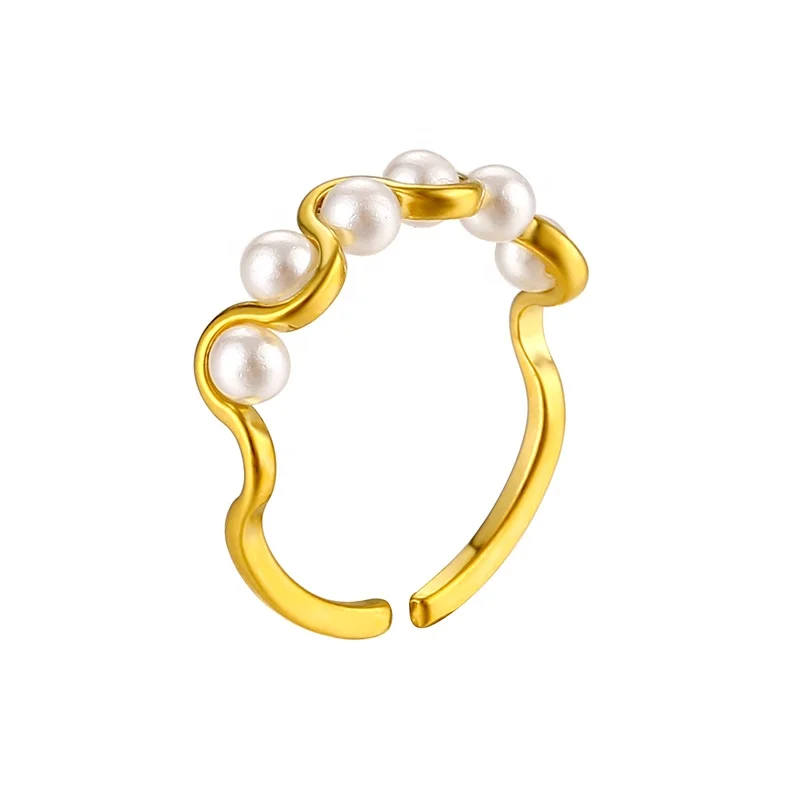 Wholesale Custom Non Tarnish Jewelry 18K Gold Plated Stainless Steel Imitated Pearl Open Curve Gold Ring for Women Girls