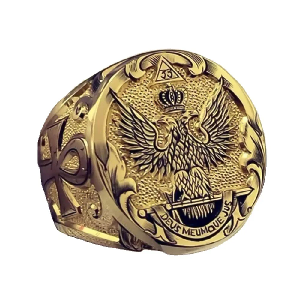 

Domineering Vintage United States Army Military Ring Double-headed Eagle Crown Seal Men's Ring Signet Ring, Gold