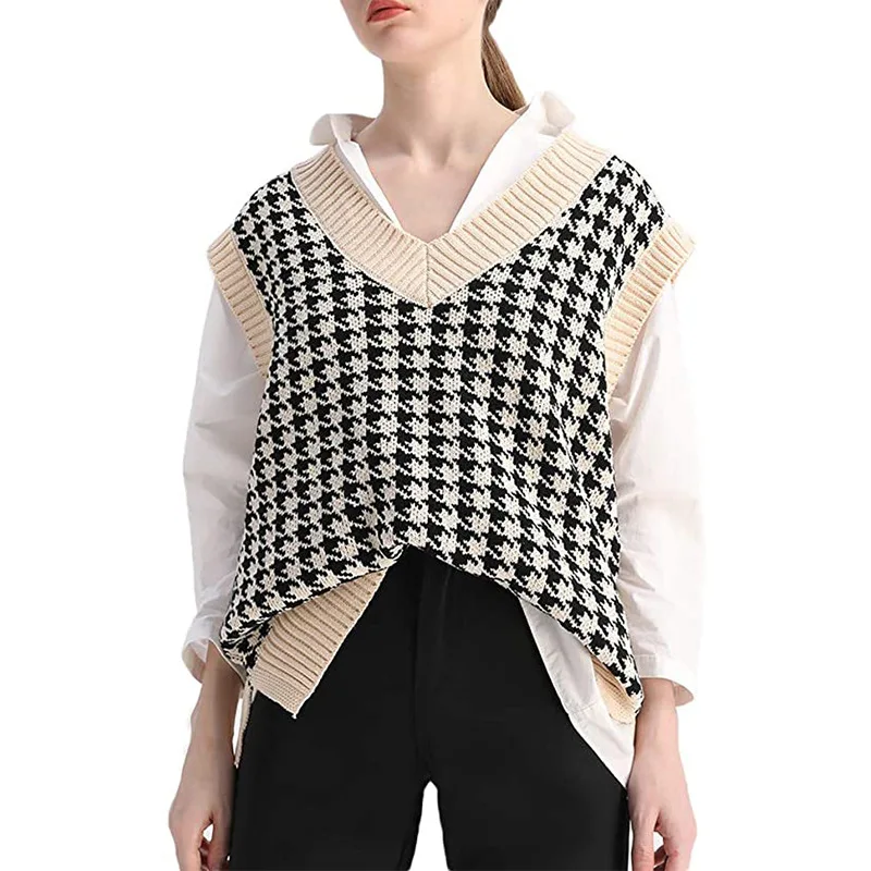 

Women New Design Fashion Knitwear Tank Top Summer Lady v Neck Argyle Plaid Knitted Sweater Vest For Women, Customized color