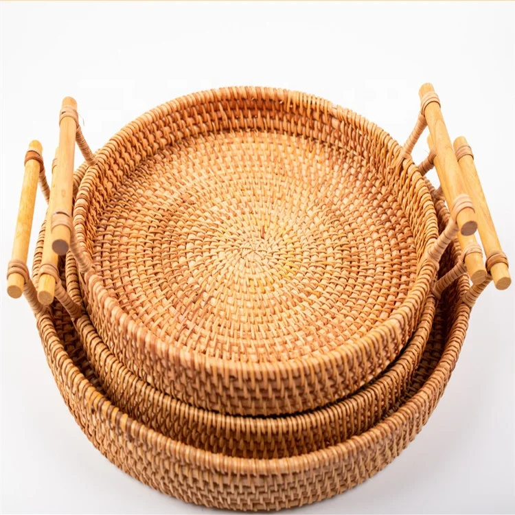 

Handmad Vietnam Rattan Tray Rattan Food Serving Tray Small Round Tray Basket Storage Bread Portable Plate