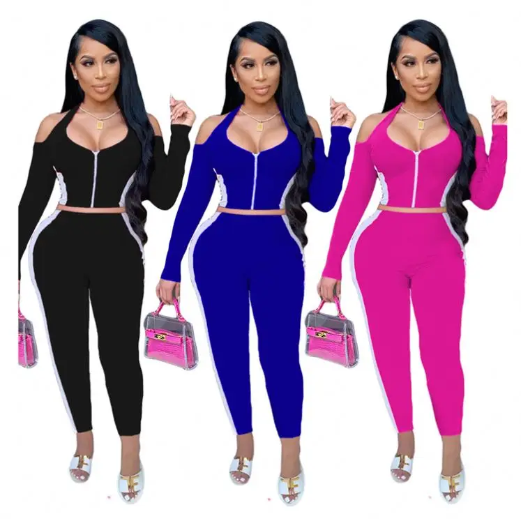 

Wholesale New Casual Fashion Zipper Hollow Out 2 Pcs Track Suit Outfits Two Piece Set Women Clothing