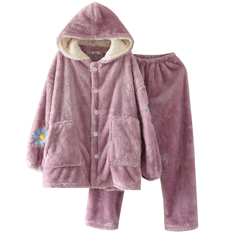 

Flannel Daisy Embroidery Pajamas Long-sleeved Two-piece Thick To Keep Warm Home Luxury Pajama Sets