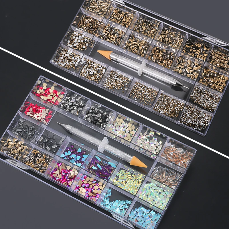 

Super shine mult-style nail rhinestone box , Fashion ab colourful crystal 3d nail art rhinestones set, Multi shape