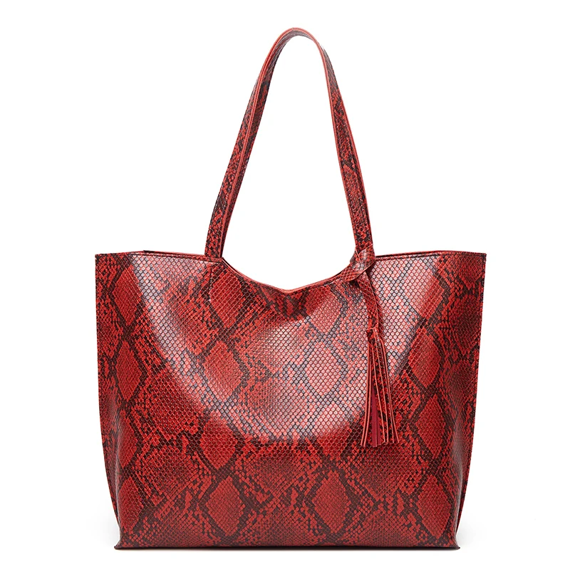 

China Factory Luxury Designed Zipper Pocket Bag Customized Waterproof Ladies Snakeskin Structured Red PU Woman Handbag Tote Bag