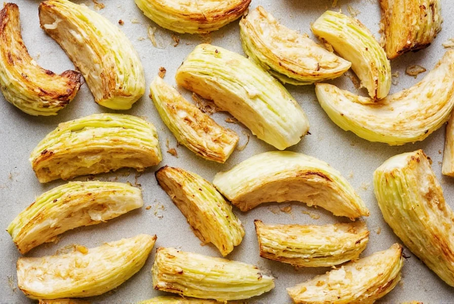 Roasted fennel wedges with caramelized edges on a baking sheet