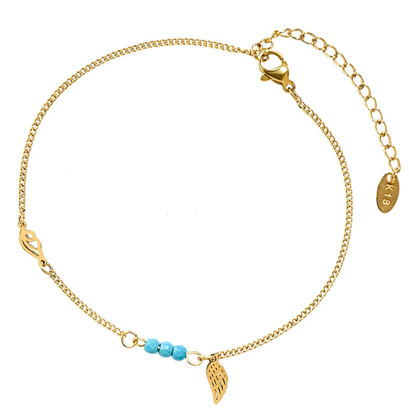 

Handmade Simple Stainless Steel Turquoise Beads Hollow Wings Link Chain Bracelet Anklet For Women, Gold