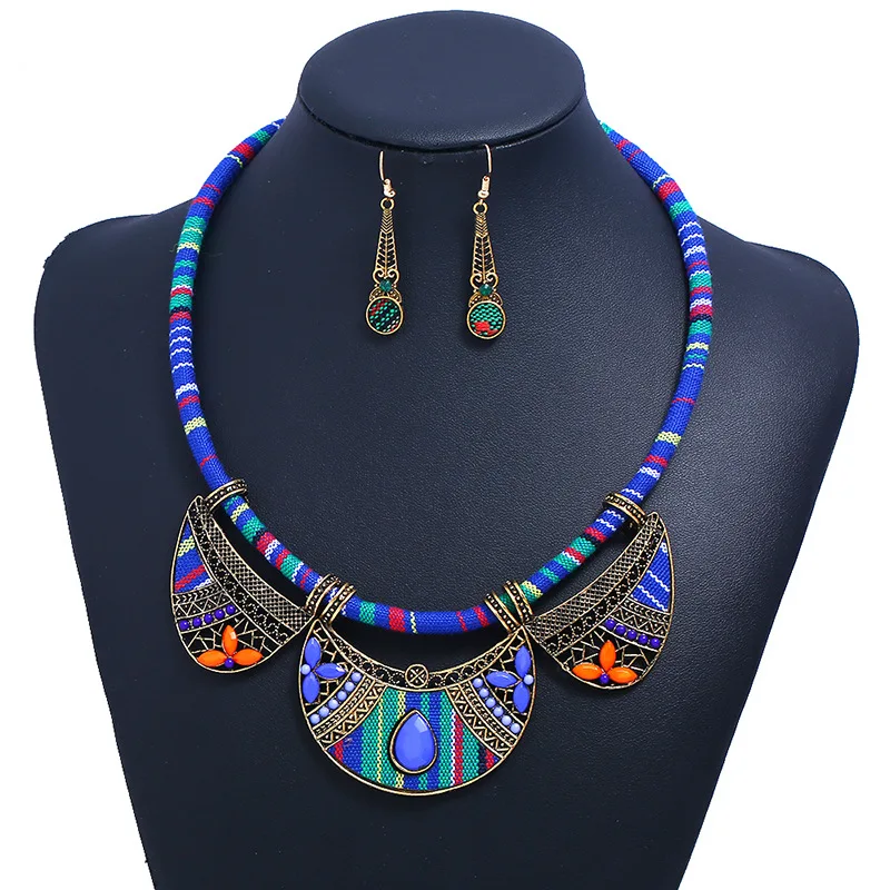 

wholesale africa tribal necklace and earrings set Vintage bohemian chocker statement jewelry set women, As picture