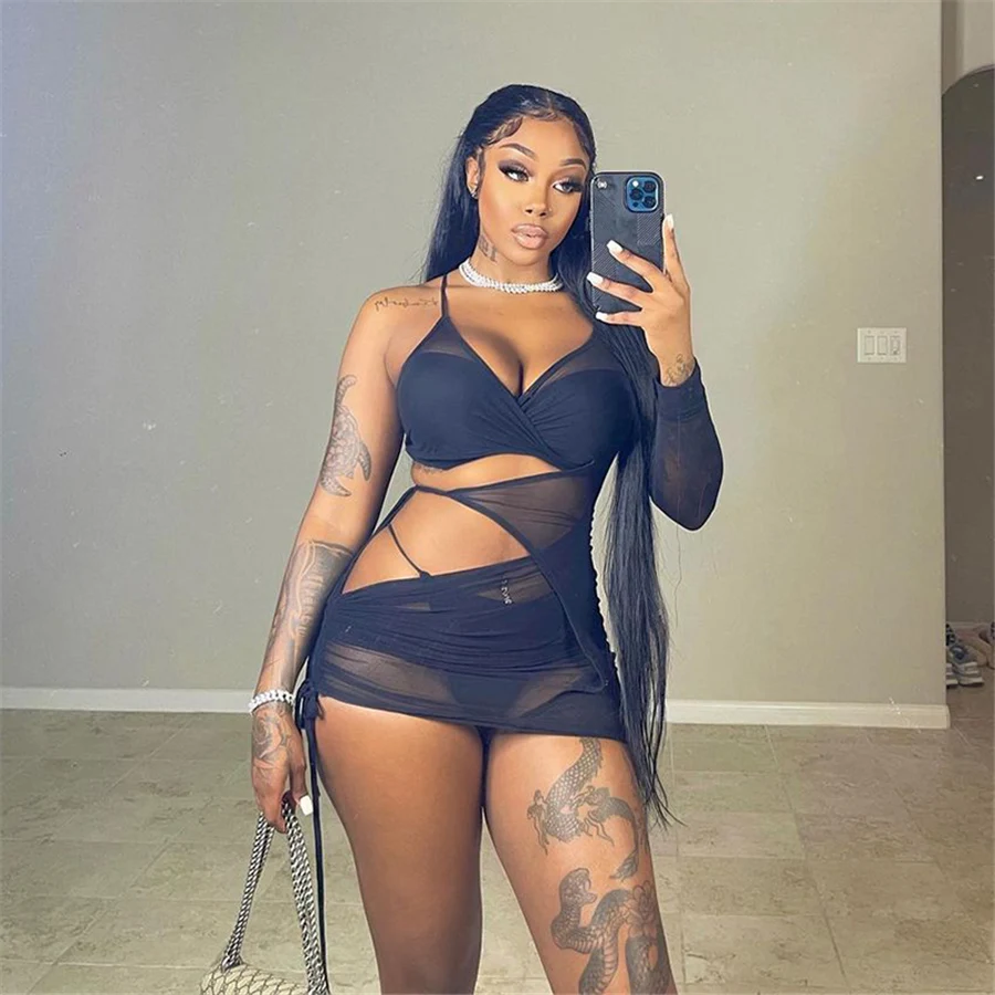 

Peeqi fashion women summer clothing sexy Solid Asymmetric Hollow Out Mesh bra and Skirt Set 3 Piece Set Women