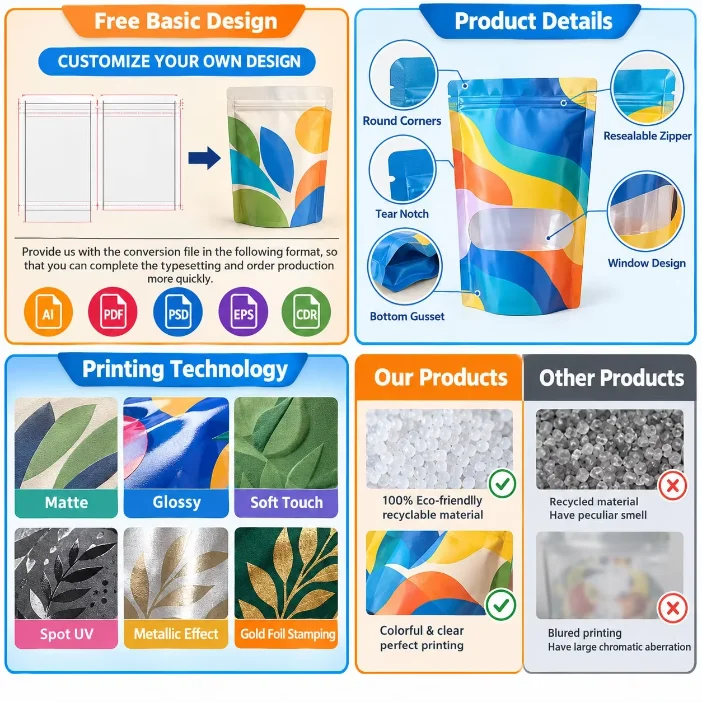 Aluminum Foil Stand up Pouch Smell Proof Zip Lock Bag for Cracker Snack Candy Custom Printed Leak Proof Wholesale