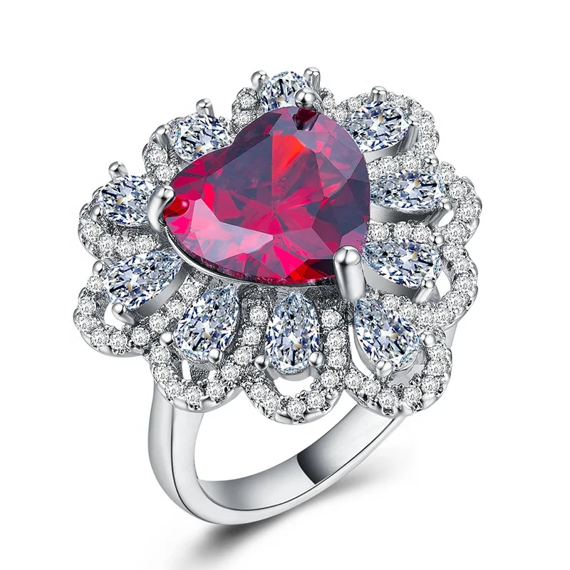 

Cubic Zirconia Color Heart Red Crystal Wedding Rings Vintage Jewelry Wholesale for Women Girls Gift
