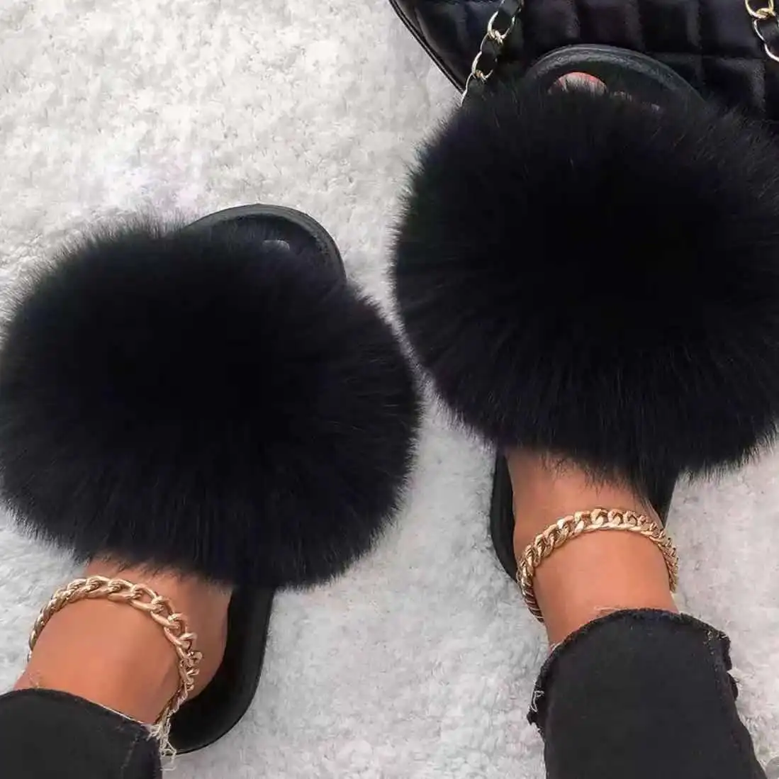 

2022 new design Wholesale real fur slide fox fur slippers for women