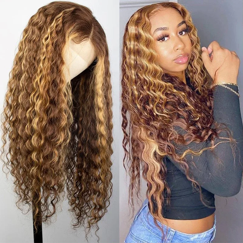 

13x4 Blonde Highlights Frontal Wig Brown Highlighted Human Hair 360 Full Lace Wigs Deep Wave Curly Highlight HD Lace Front Wig