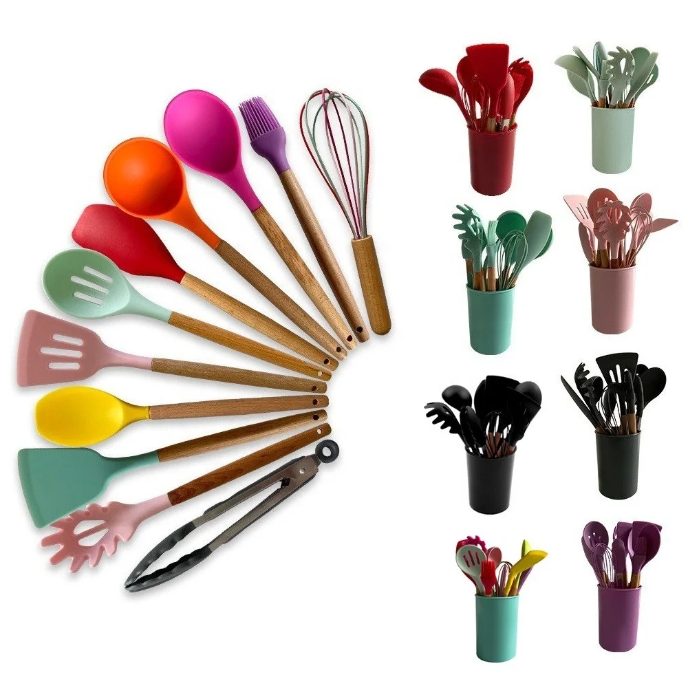 

Heat Resistant Turner Tongs Spatula Brush Whisk Wooden Handles Silicone Cooking Set Kitchen Utensil