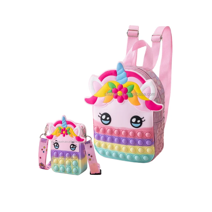 

2022 Crossbody Hand Money Bag Kid Silicone Push Bubble Poppet Unicorn Fidget Toy Push Pop It Backpack and Coin Purse For Girls