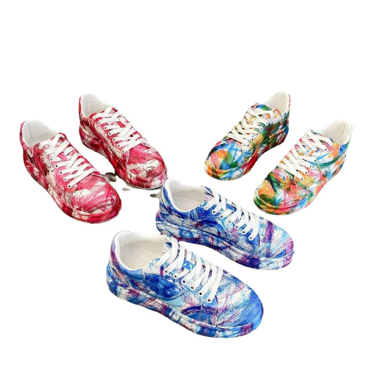 

Round Head Thick Bottom Lace Up Graffiti Printed Sneakers Large Women's Casual Vulcanize Shoes