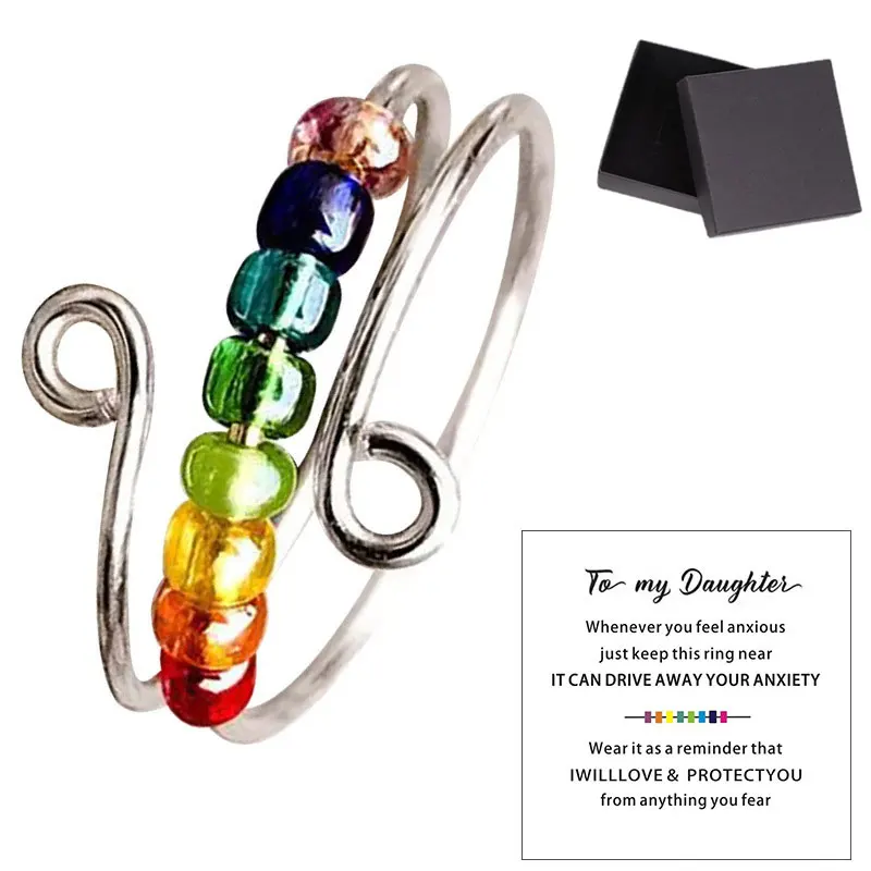 SC 2023 Hot Selling to My Daughter Fidget Ring Drive Away Your Anxiety Rainbow Beads Spinner Rings Adjustable Anxiety Ring