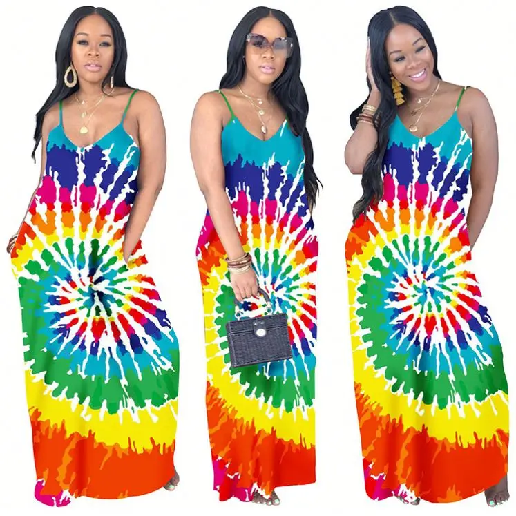 

0420M110 High Quality Fashion V Neck Tie Dye Spaghetti Strap Rainbow Color Loose Long Beach Summer Women Casual Maxi Dress