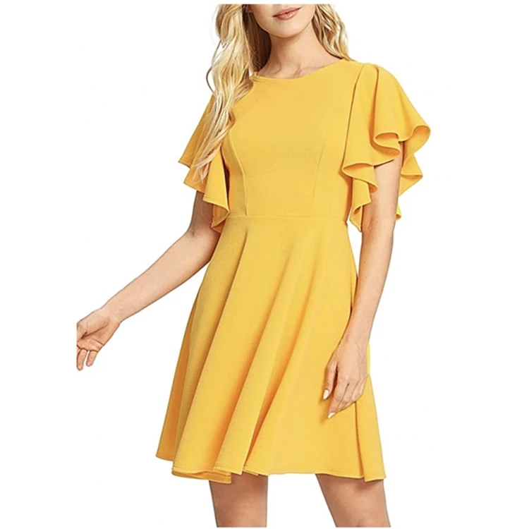 

Hot Sale solid color ruffled sleeves knee length dresses A-line frocks for women, As picture or customize color