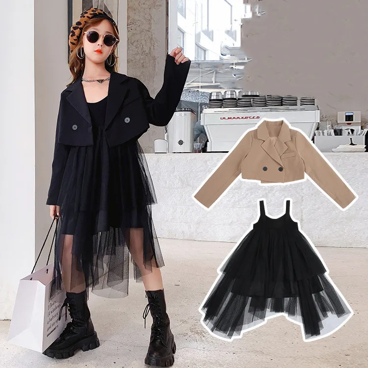 

New style spring teen girls 2 pcs clothing set sleeveless tulle dress + solid suit coat clothing set for girls, Picture shows