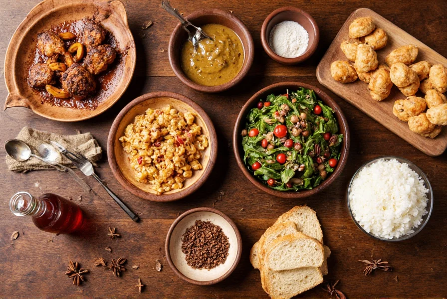 Anise-flavored dishes from different cultures arranged on a wooden table including cookies, bread, and liqueur