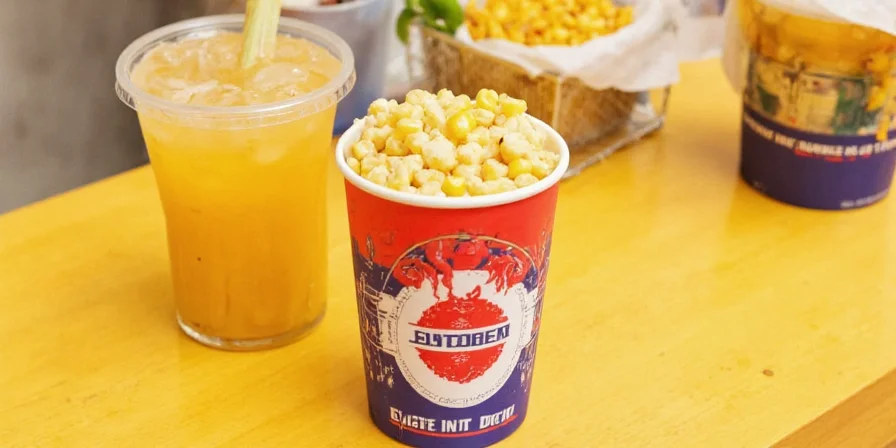 Elote served in colorful cups with toppings on the side