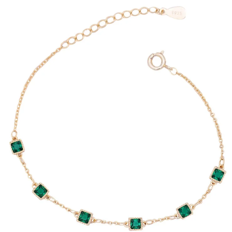 

vintage jewelry pulsera plata gold plated green stone emerald bracelet 925 sterling silver chain bracelet