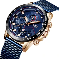 

2020 New LIGE Blue Casual Mesh Belt Fashion Quartz Gold Watch Mens Watches Luxury Waterproof Clock