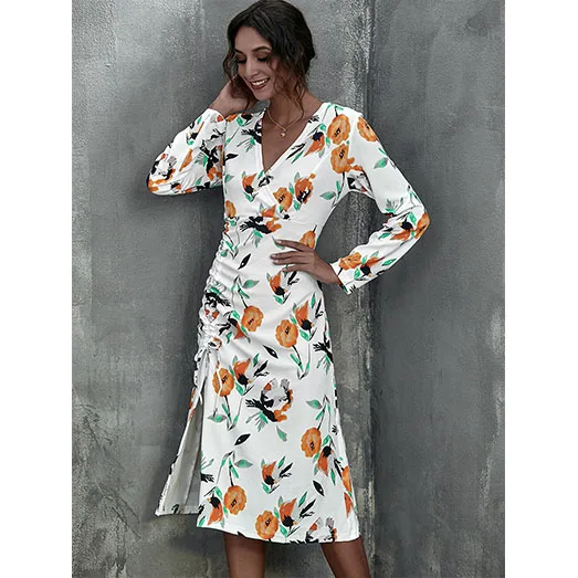 

Hot Sell V-Neck Draped Woman Casual Dress Floral Print Dress Long Sleeves Dresses Women Lady Elegant