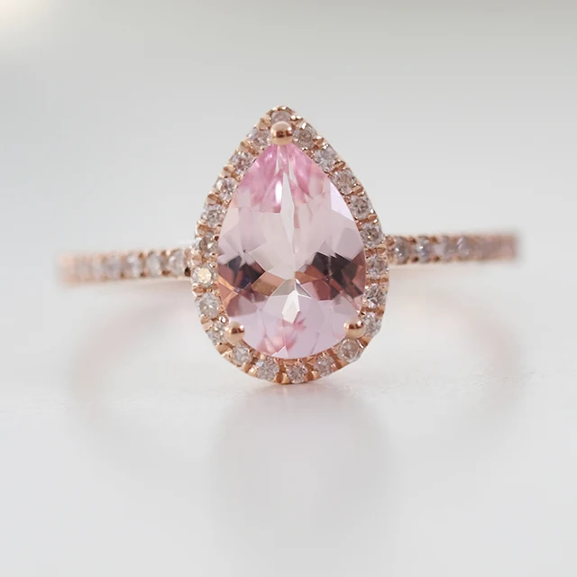 

Waterdrop Morganite Ring Diamonds Halo Rose Gold Pear Cut Ring, Yellow