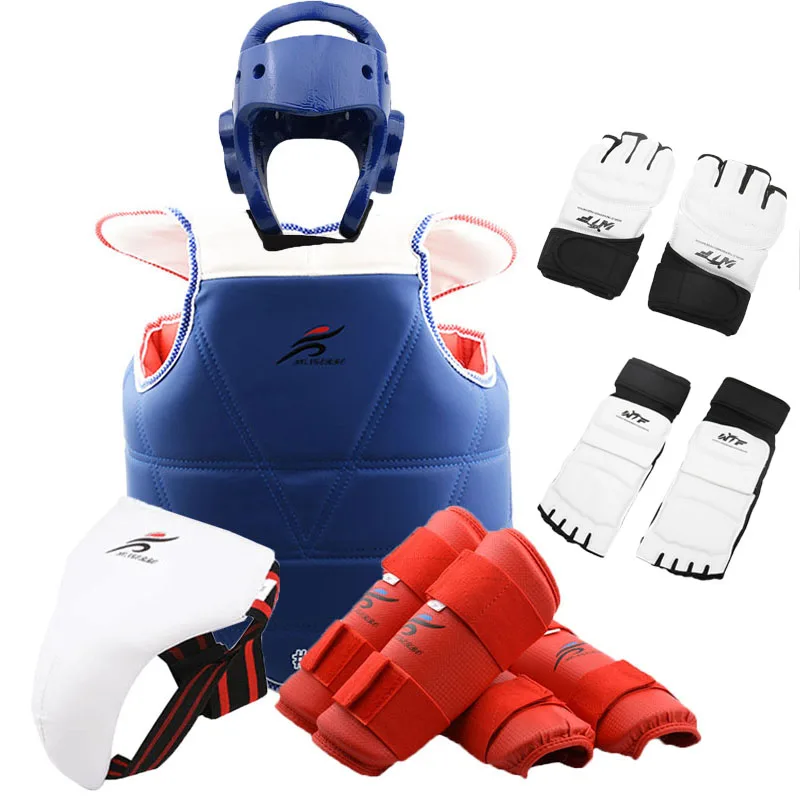 

Taekwondo Glove Karate Body Protect Gear Adult Child Jockstrap Arm Shin Chest Guard Helmet Training Set Equipment martial arts, Red, blue