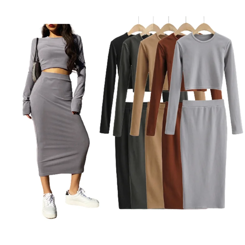 

Custom logo Women Clothing ins Sexy Brush Long Sleeve T Shirts & Dress 2 Piece Set, Picture