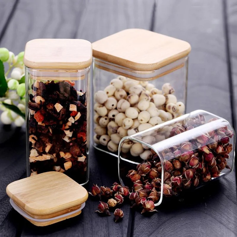 

D100 50oz High borosilicate square glass jar food storage bottles with bamboo lid