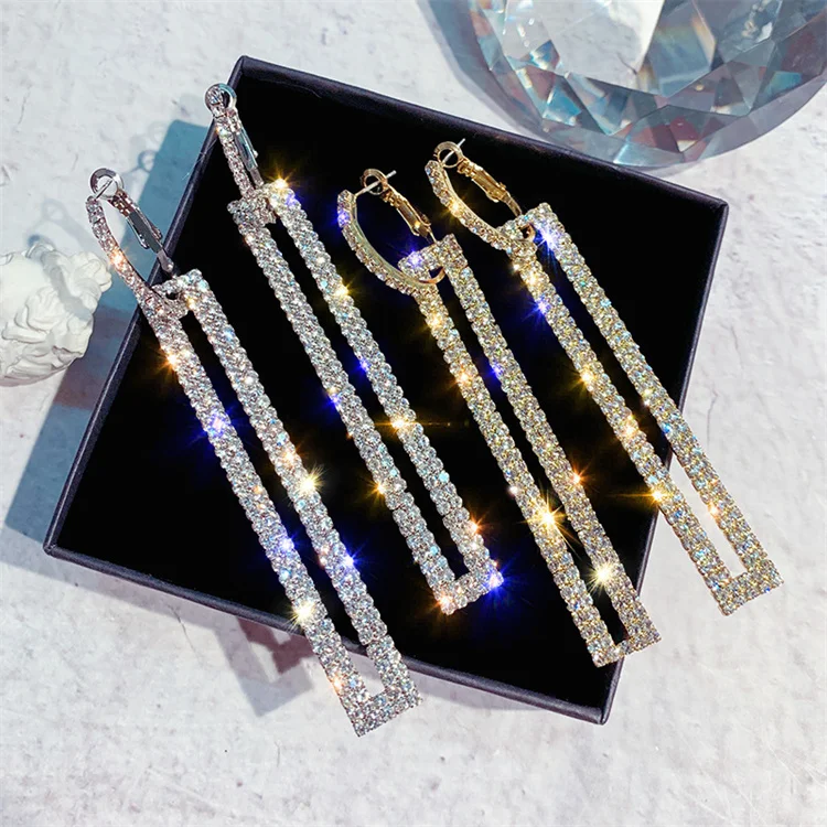 

925 Silver Needle Fashion Exaggerated Diamond Rectangle Earrings Korean Earrings Long Full Rhinestone Earrings, Picture