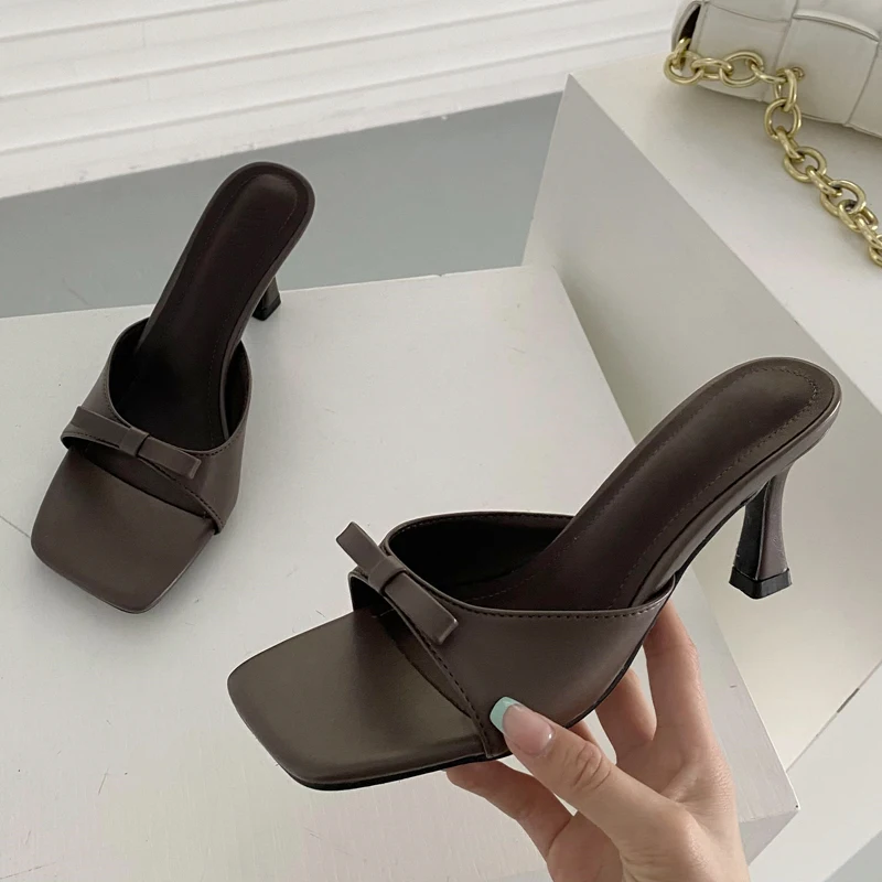 

Sexy Shallow Bow-knot Square Toe Slippers Fashion Heels Women Slides Summer New Ladies Middle Heels Outdoor Office Work Shoes