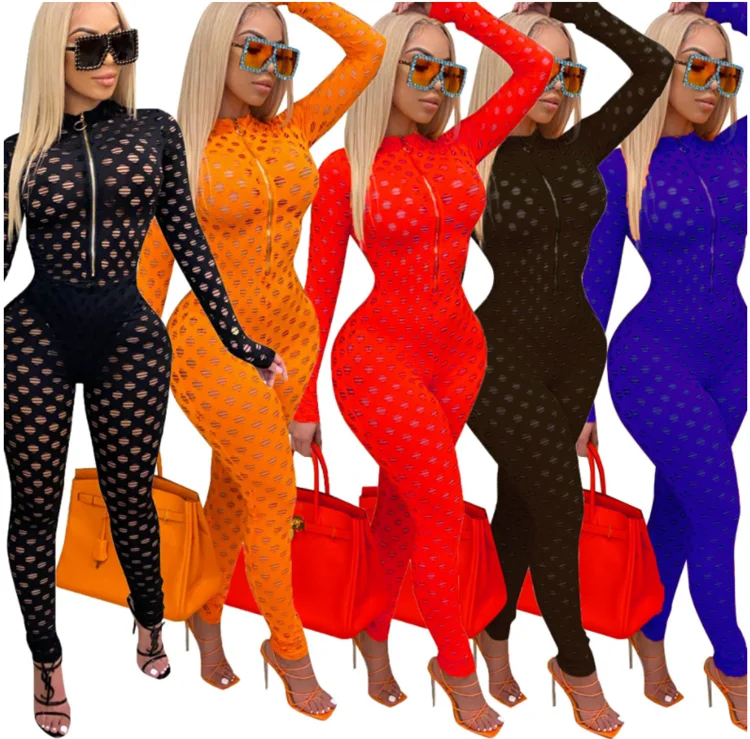 

Lady Rompers Solid Mesh Adjustable Zipper Front Sexy Skinny One Piece Fall Women Jumpsuit