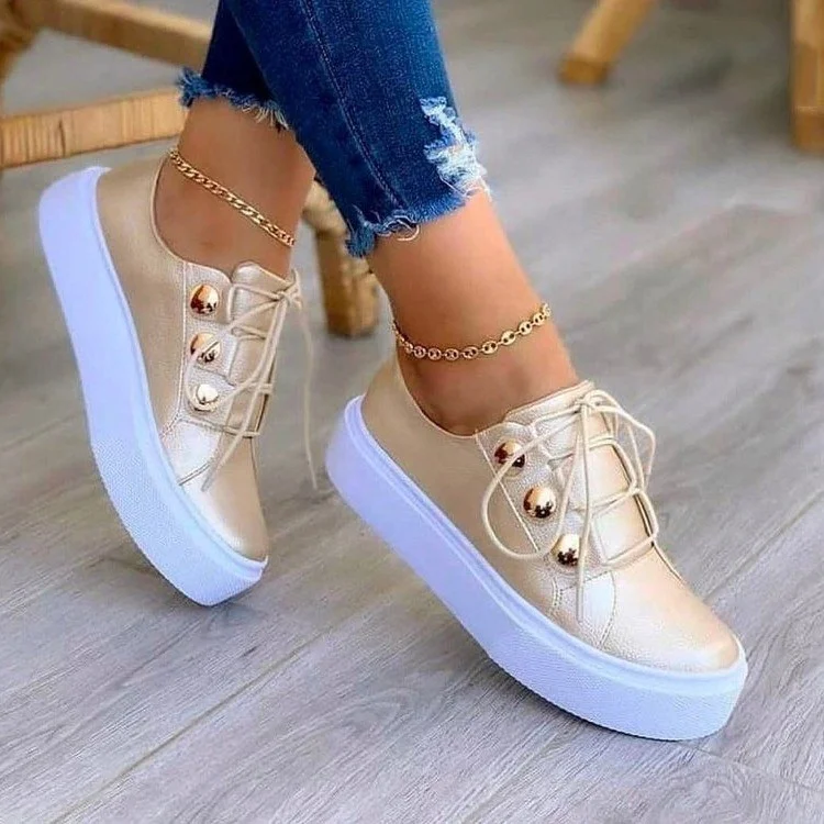 

Women'S Casual Walking Shoes Pu Leather Lace-Up Sneakers Flat Casual Shoes For Women, Rose gold,gold,white,black