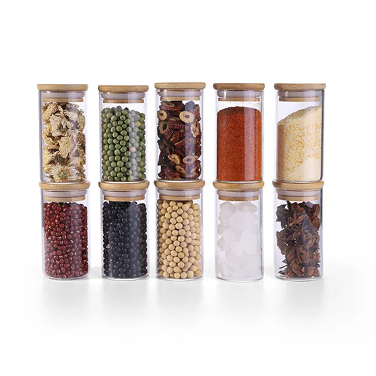 

wholesale 170ml/6oz lead-free heat resistant seasoning glass storage jars set with bamboo lids, Transparent