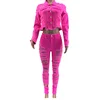 Two piece set women's Neon Pink Ripped Denim Jacket And Denim Jeans Trousers