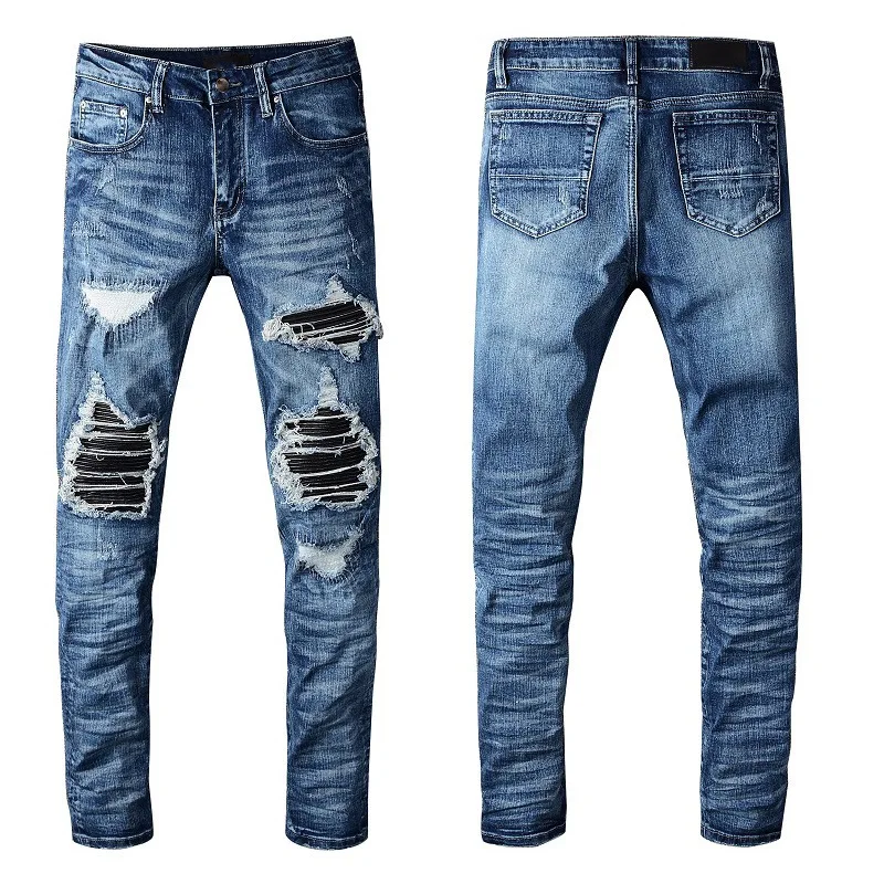 

2021 New High Quality Men's Jeans Distressed Slim Fit Motorcycle Biker Amire Denim Jeans Blue Designer Pants Ripped Biker hole, Picture color