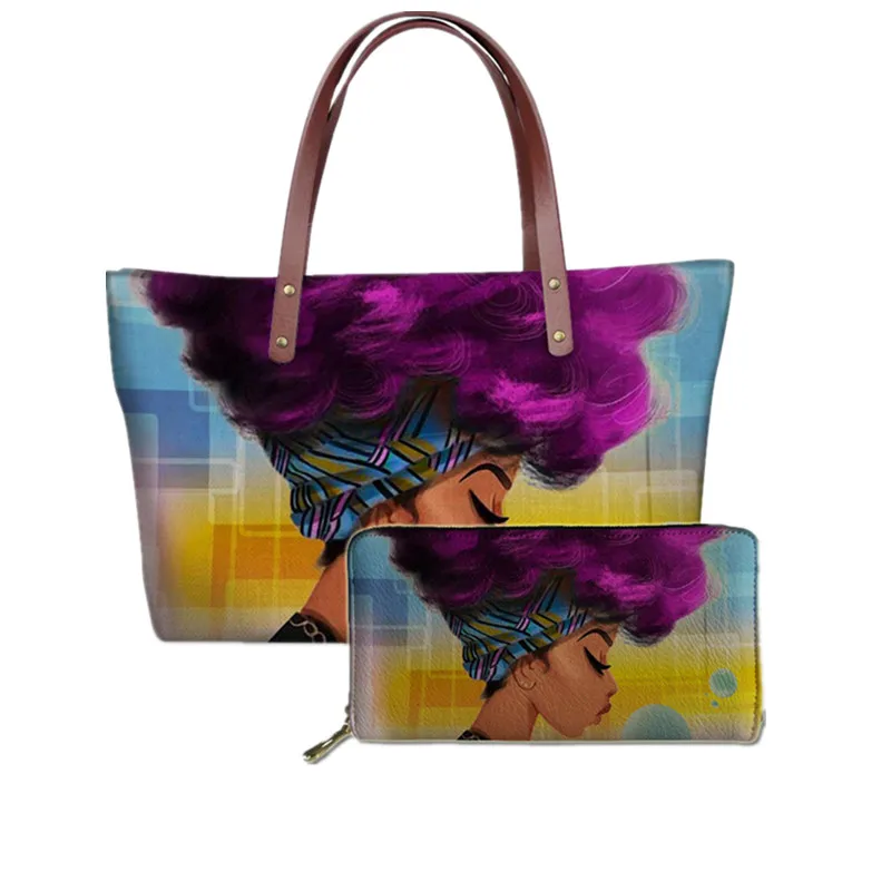 

2pcs/set Women Handbags Black Art African Girl Printing Hand Bag&Wallets Ladies Ethnic Top-Handle Bags Females Bolsa