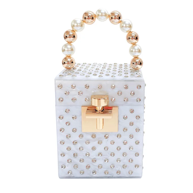 

RETON Women Evening Clutch Bag Acrylic Square Box Shoulder Handbags Clutch For Wedding Party Tote Purse with Pearl Handle, Same as pic