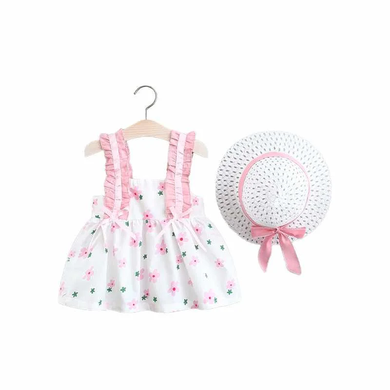 

Newborn Baby Summer Dresses Toddler Girls Sleeveless Floral Print Vestidos Newborn Sweet Cssual Clothing with Hats