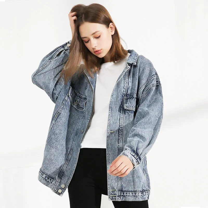 

Spring Autumn New Fashion Loose Retro Washed Women Zipper Denim Jacket Female Oversized Jean Jacket, Vintage blue