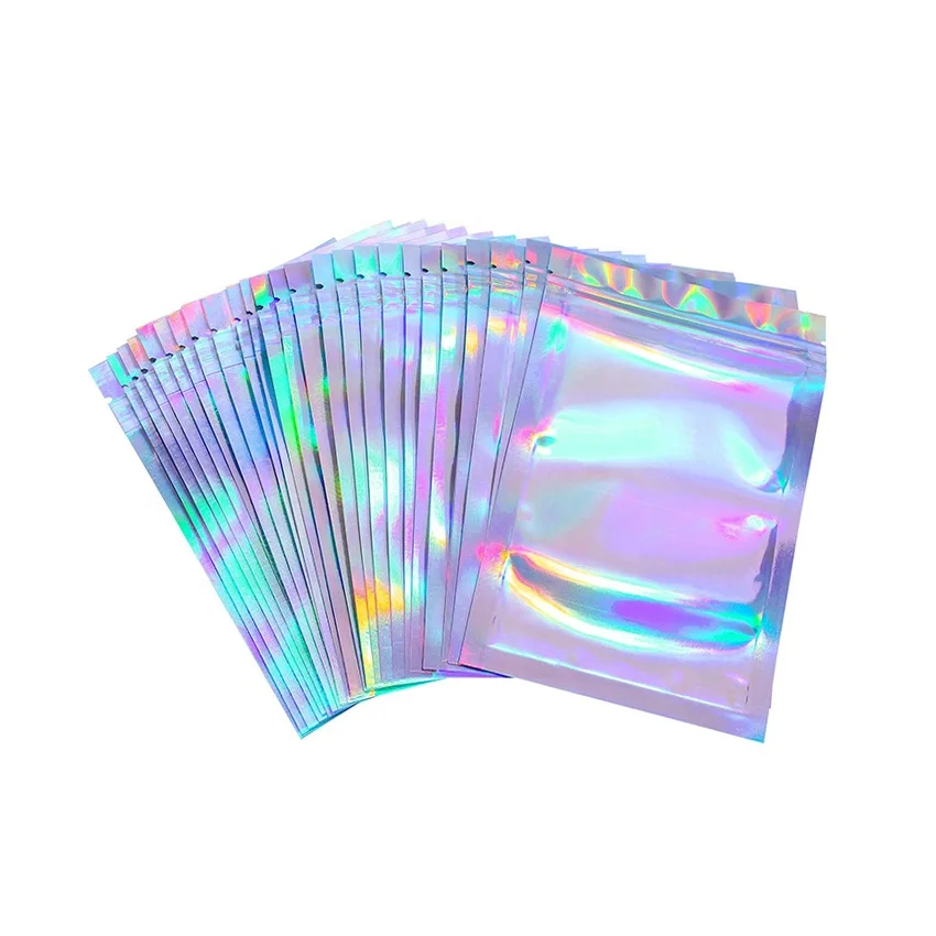 

Holographic Mylar Bags Custom Rainbow Color Smell Proof Resealable Flat Mini Zip-lock Packaging Bag for Food Storage